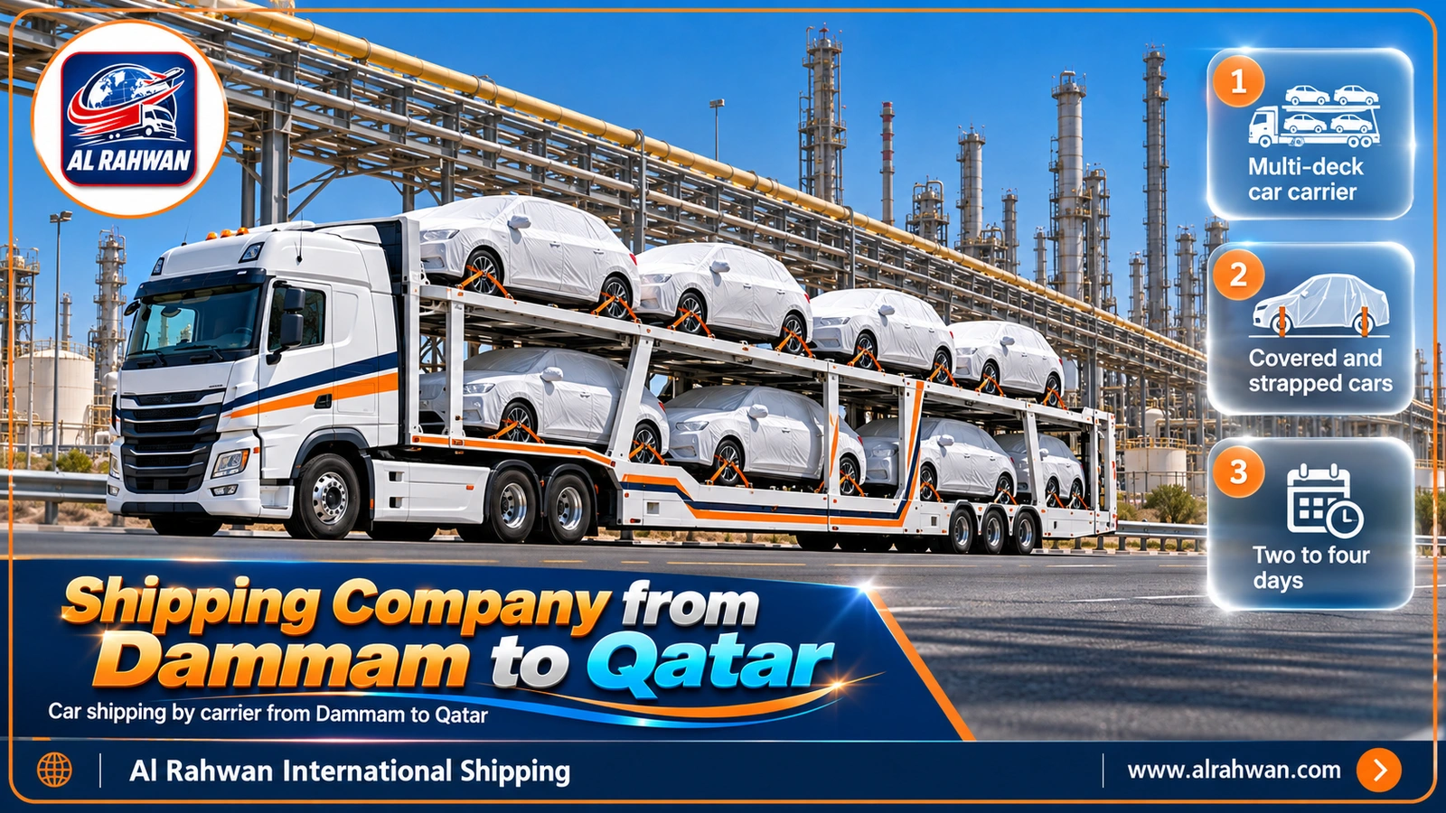Covered cars strapped onto a car carrier from Dammam to Qatar