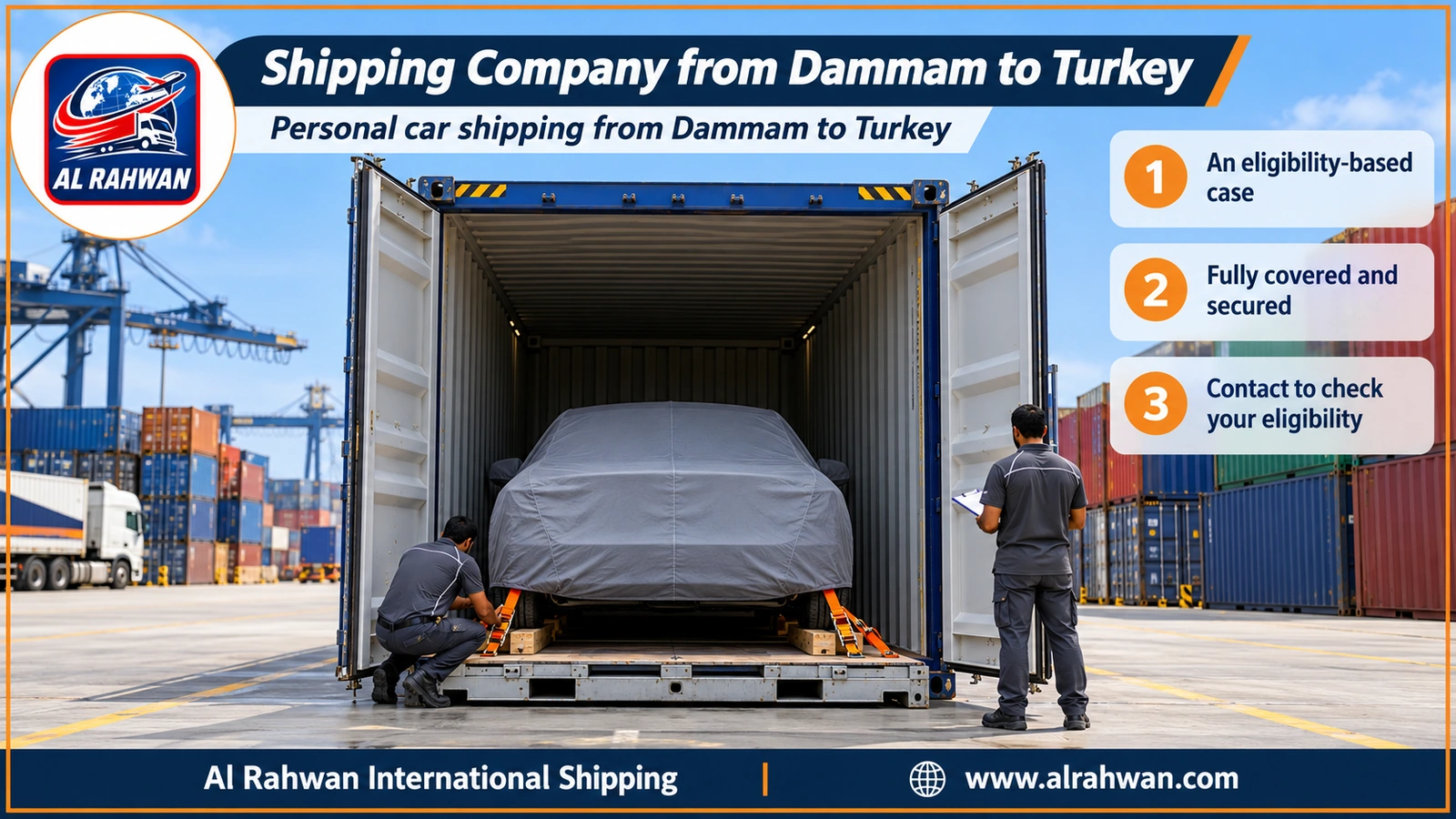 Shipping Company from Dammam to Turkey - a car wrapped in a protective cover being loaded into a sea freight container at Jeddah port