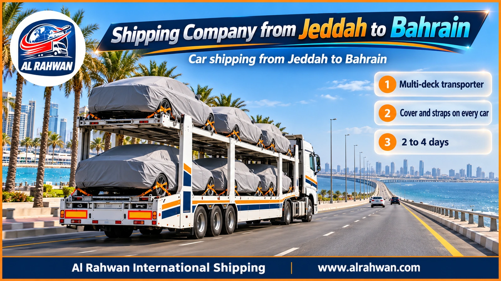 Shipping Company from Jeddah to Bahrain - a long two-deck car carrier loaded with covered, strapped-down cars ready to leave Jeddah