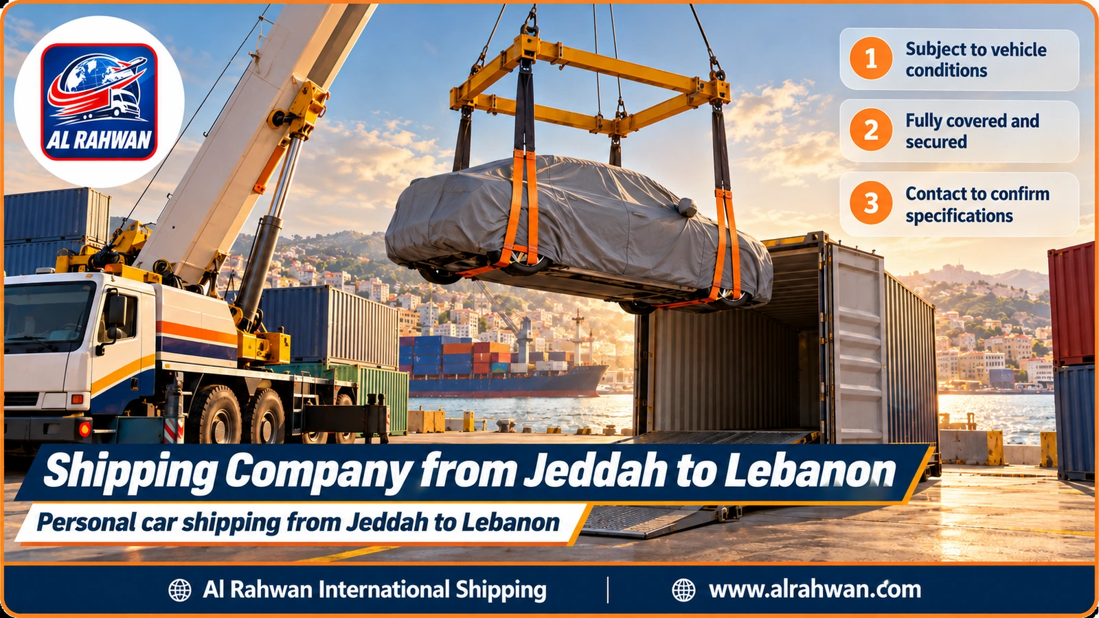 Shipping Company from Jeddah to Lebanon - a car wrapped in a protective cover being loaded into a sea freight container at Jeddah port