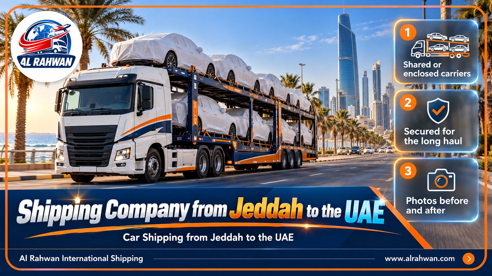 Car carrier transporting vehicles from Jeddah to Dubai