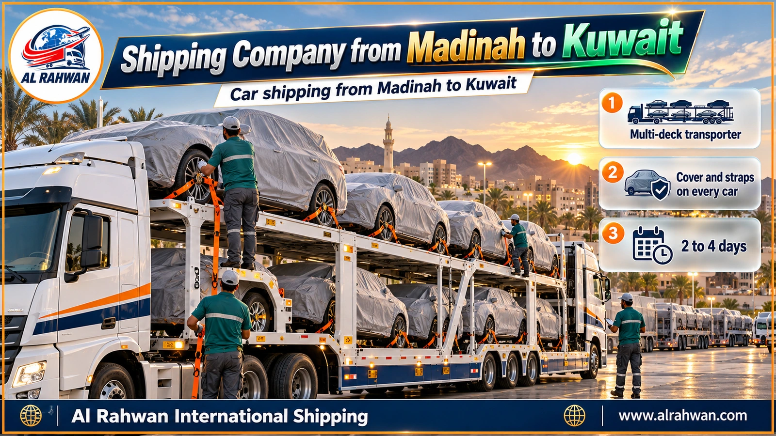 Multi-deck carrier of a shipping company from Madinah to Kuwait loaded with covered, strapped cars