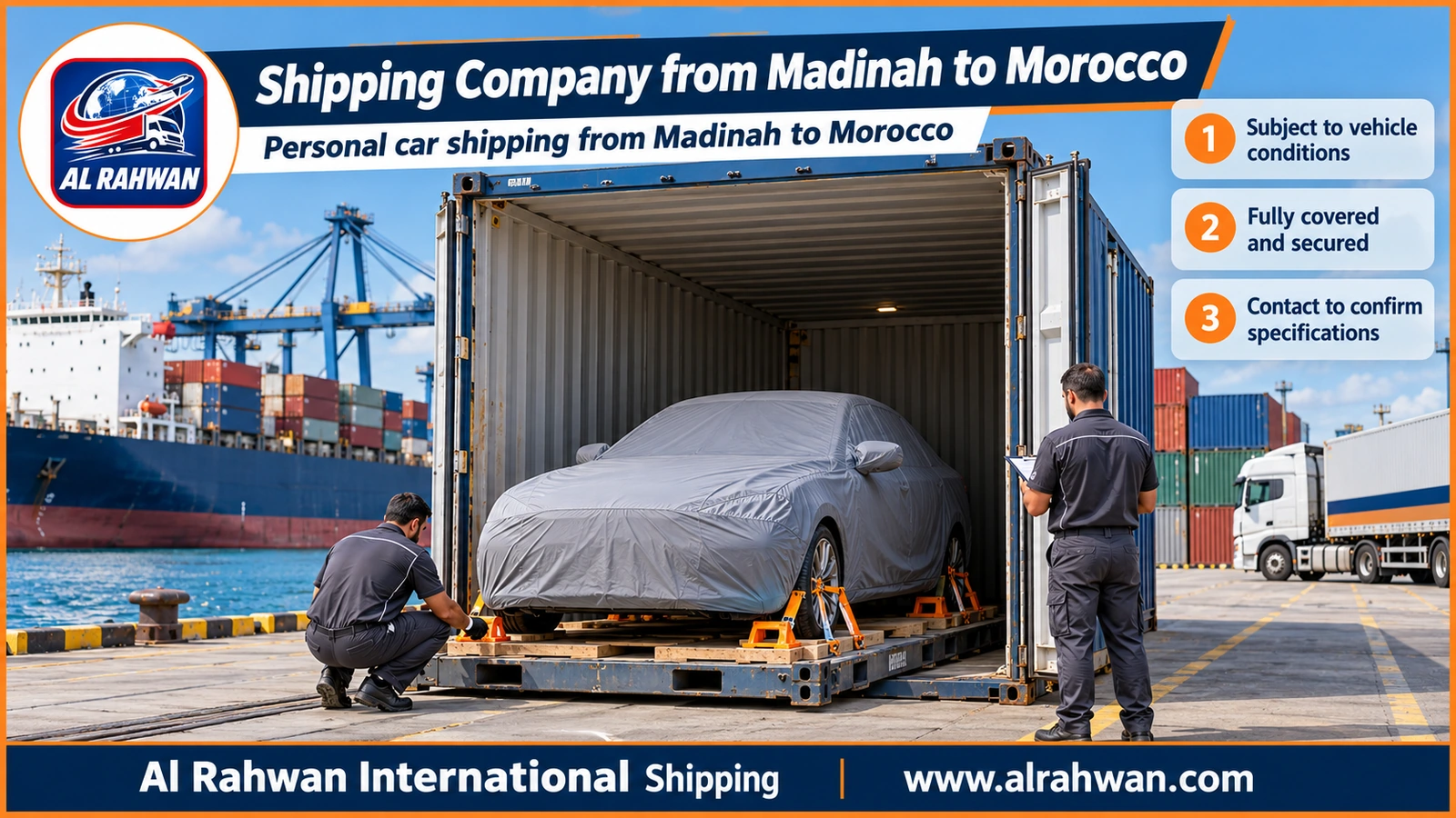 Shipping Company from Madinah to Morocco - a car wrapped in a protective cover being loaded into a sea freight container at Jeddah port