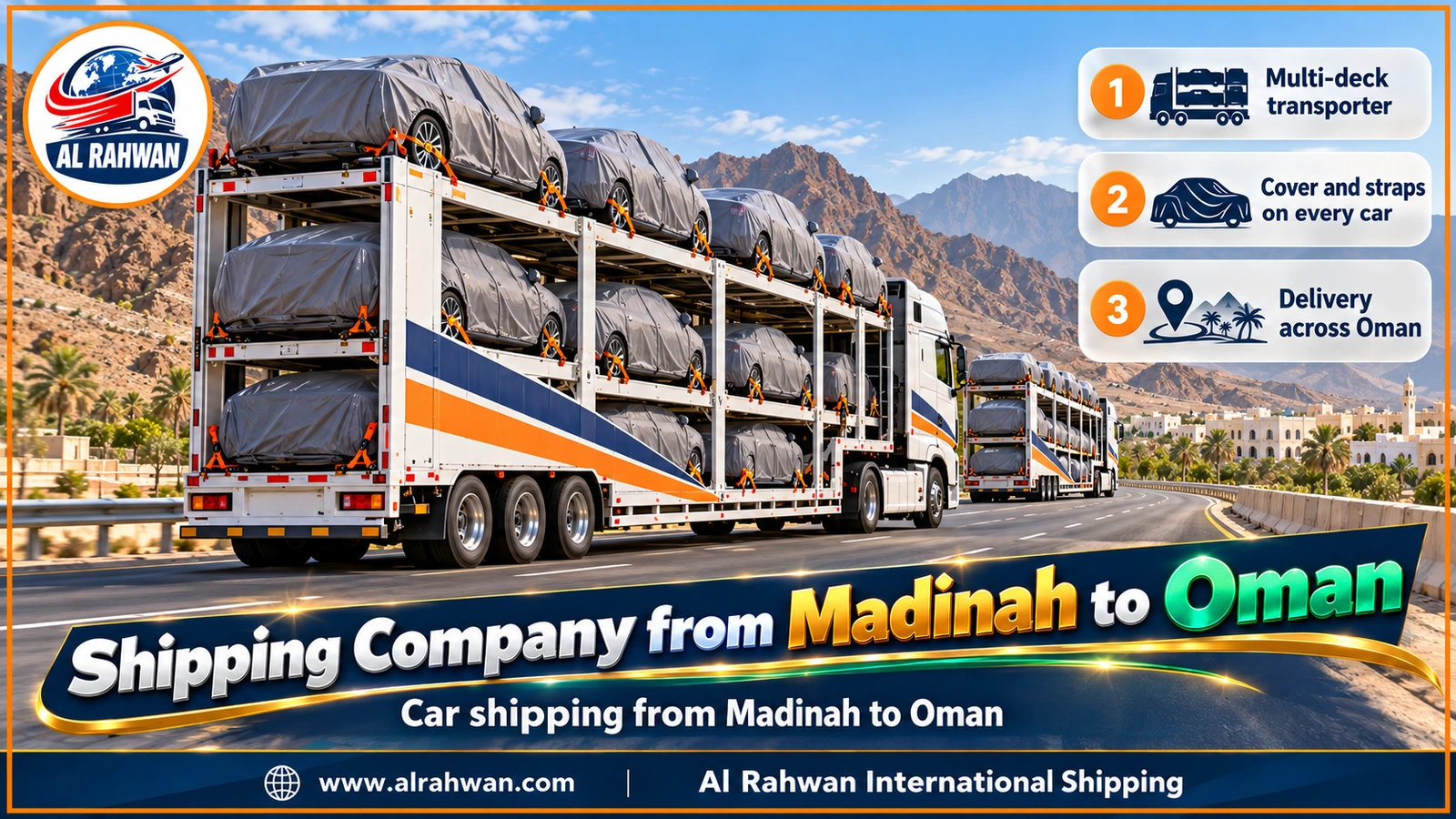Shipping company from Madinah to Oman - a long two-deck car carrier loaded with covered, strapped cars ready for the trip to Oman