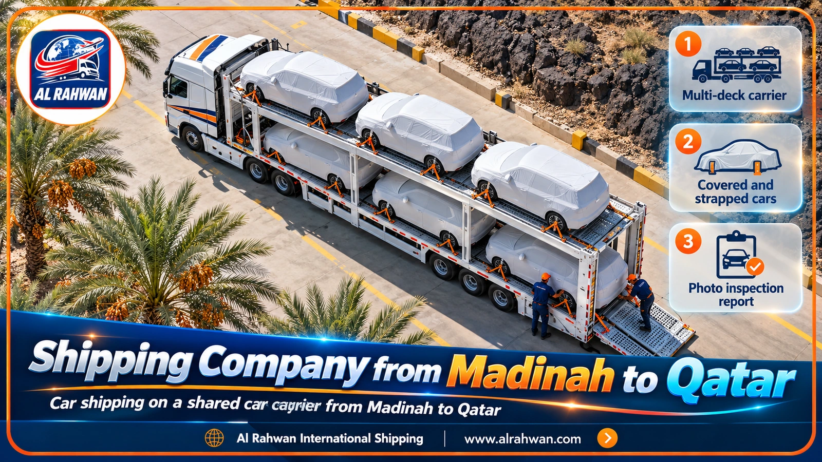 Covered cars strapped down on a car transporter from Madinah to Qatar