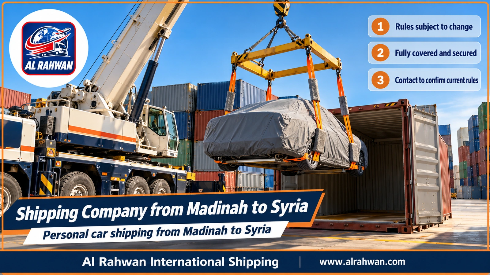 Shipping Company from Madinah to Syria - a car wrapped in a protective cover and strapped down inside a sea freight container at Jeddah port