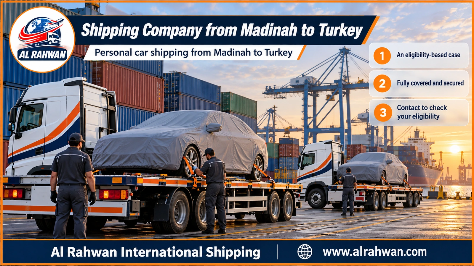 Shipping Company from Madinah to Turkey - a car wrapped in a protective cover loaded inside a prepared shipping container on the quay of Jeddah port before sailing to Turkey
