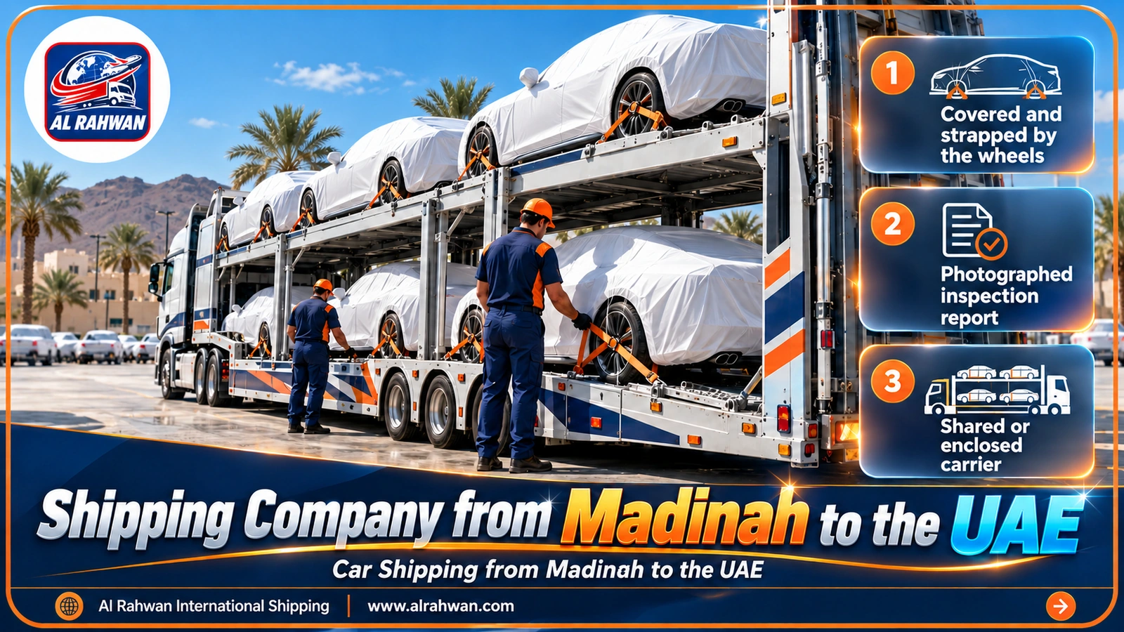 A covered car secured on a carrier in a sunny loading yard in Madinah