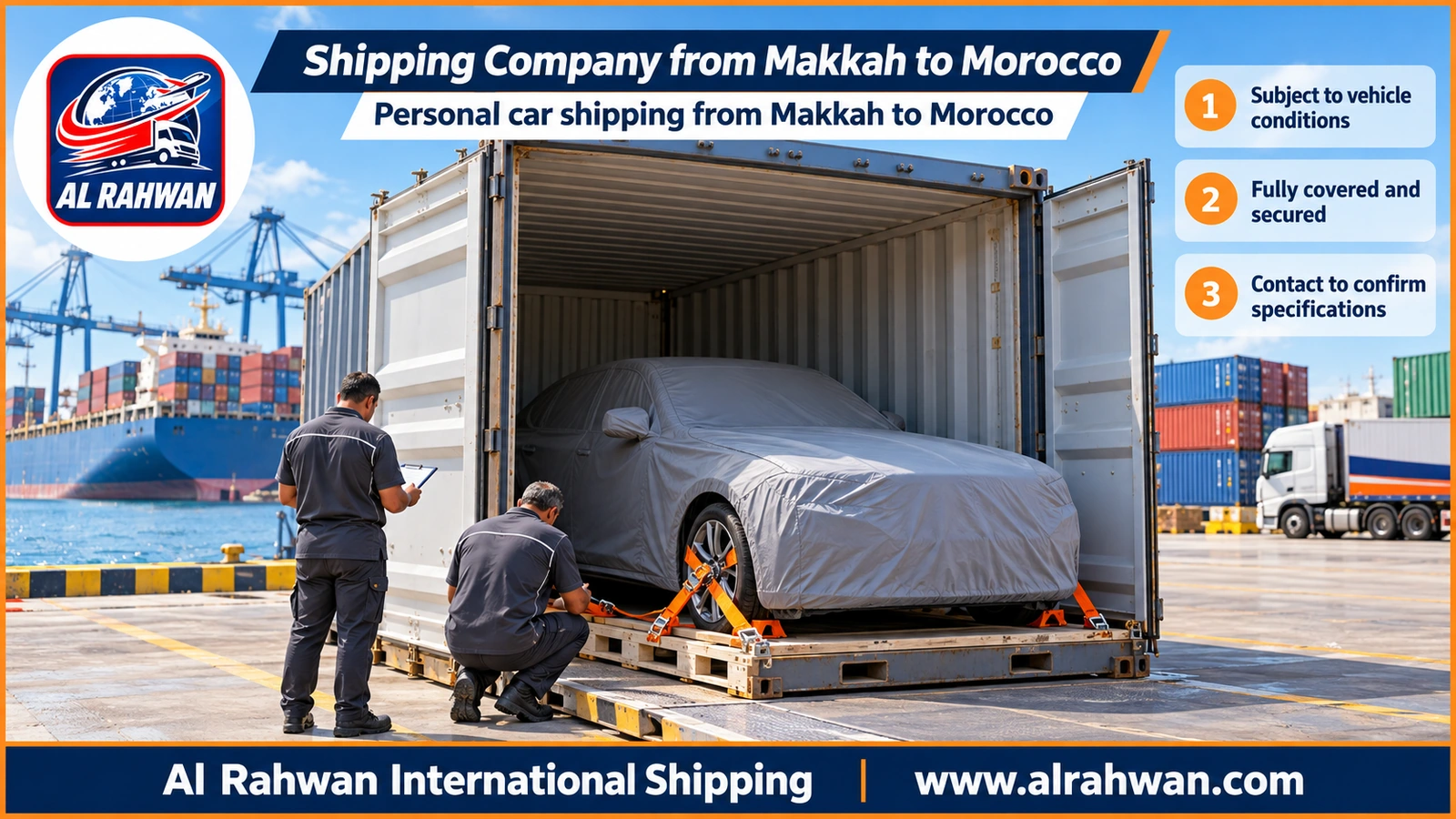 Shipping Company from Makkah to Morocco - a car wrapped in a protective cover being loaded into a sea freight container at Jeddah port
