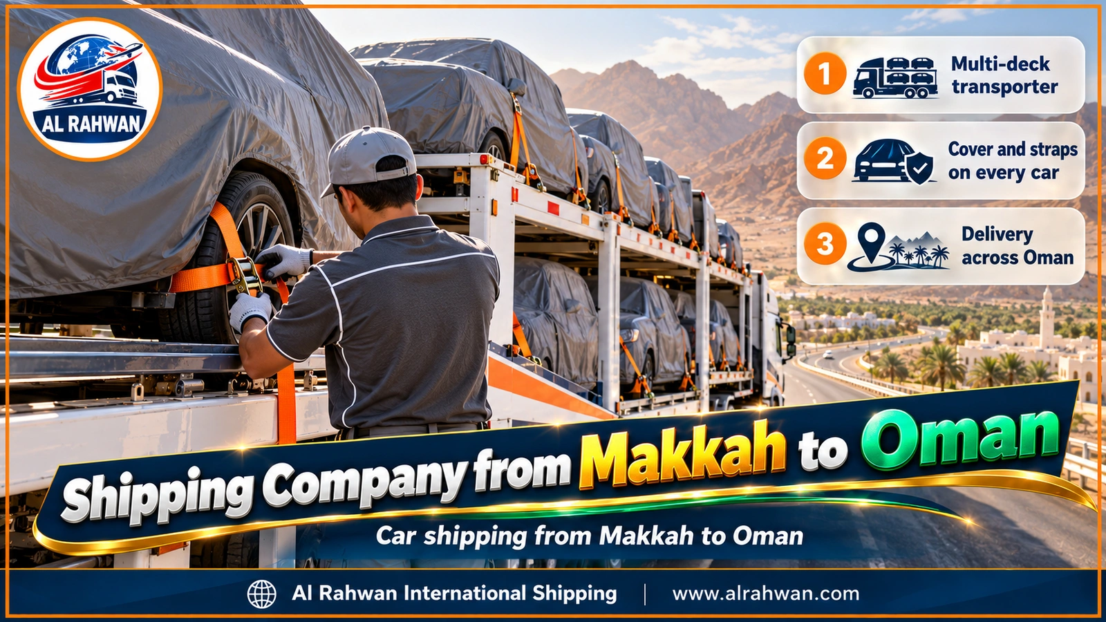 Shipping Company from Makkah to Oman - Covered cars belted onto a multi-level car transporter in a sunny loading yard on the outskirts of Makkah