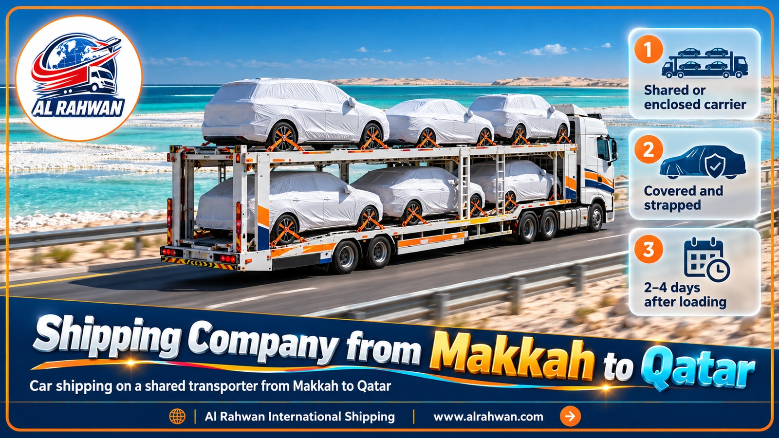 Shipping company from Makkah to Qatar - multi-deck car transporter carrying covered, strapped cars
