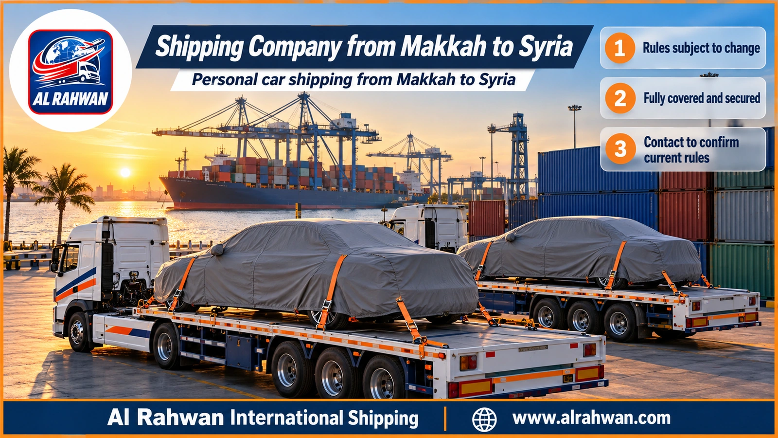 Shipping Company from Makkah to Syria - a car wrapped in a protective cover and secured with tie-down straps inside a sea freight container at Jeddah Port