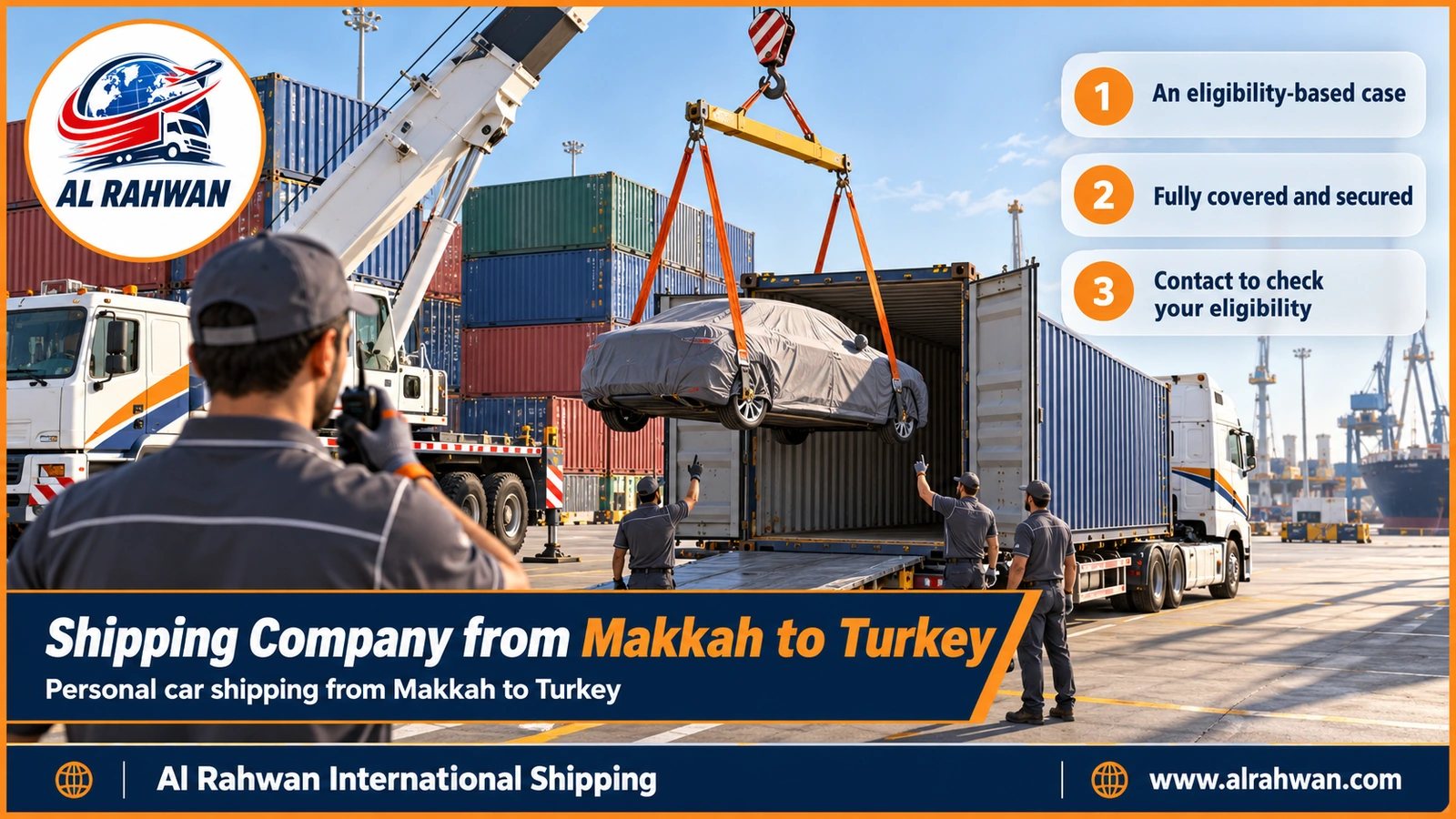 Shipping Company from Makkah to Turkey - a car wrapped in a protective cover loaded inside a prepared shipping container on the quay of Jeddah port before sailing to Turkey