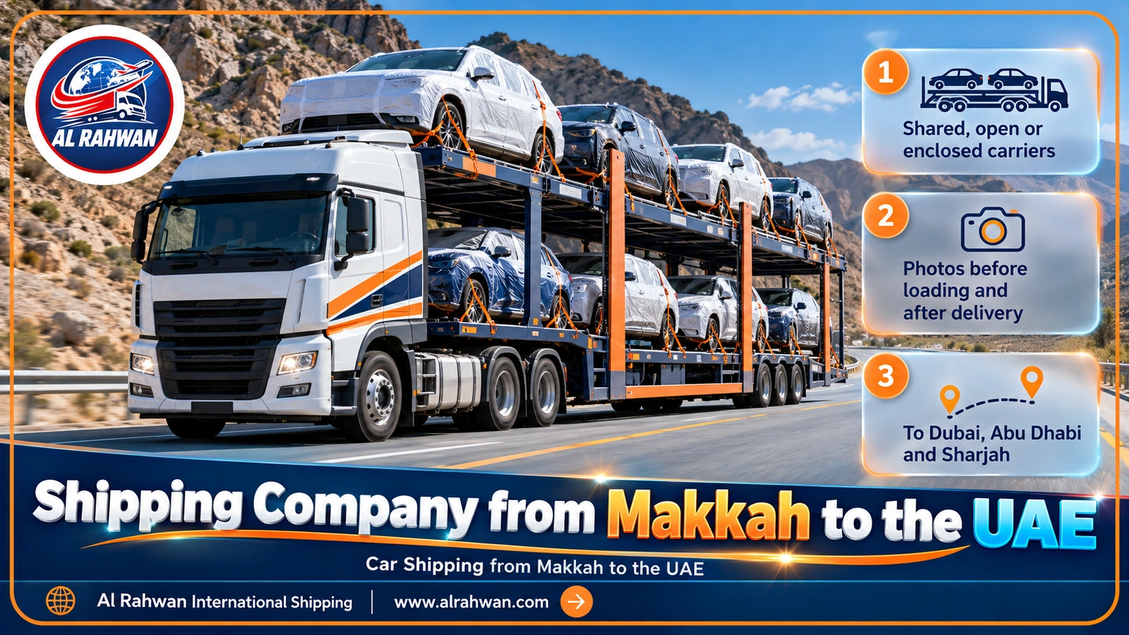 A car in protective wrapping being loaded onto a transporter in a clean yard in Makkah