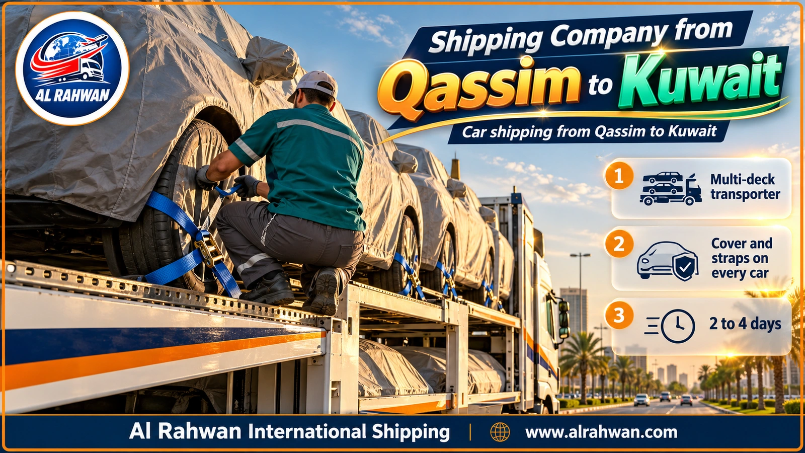 Shipping company from Qassim to Kuwait - a handler checks the wheel strap of a covered SUV on a carrier near a Buraidah avenue