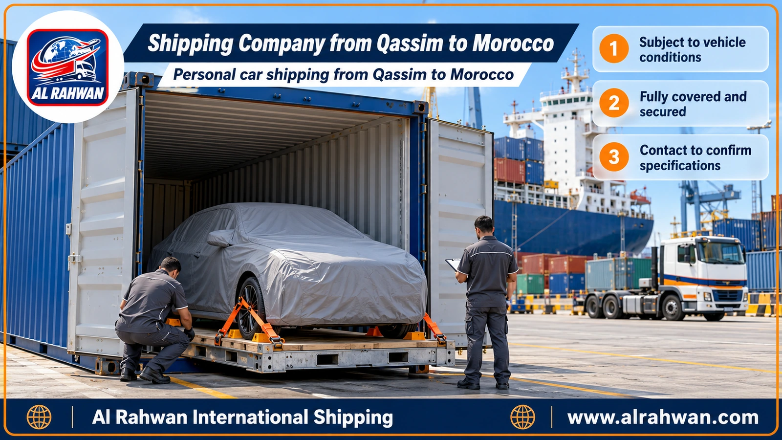 Shipping Company from Qassim to Morocco - a car wrapped in a protective cover being loaded into a sea freight container at Jeddah port