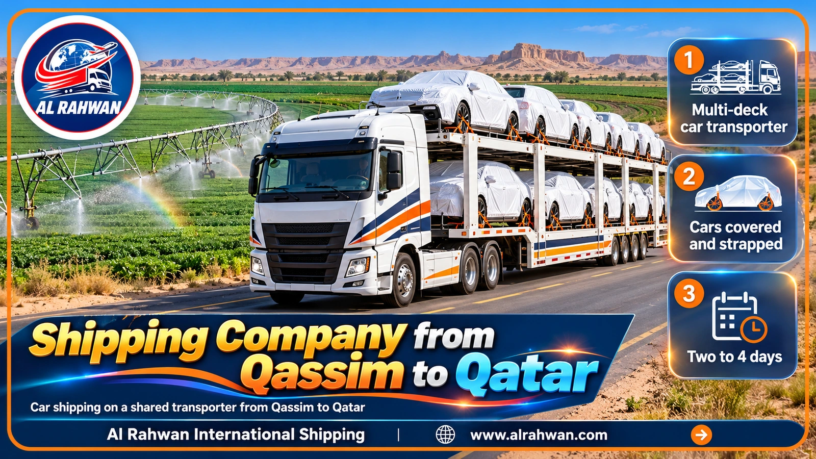 Covered cars strapped down on a multi-deck car transporter from Qassim to Qatar