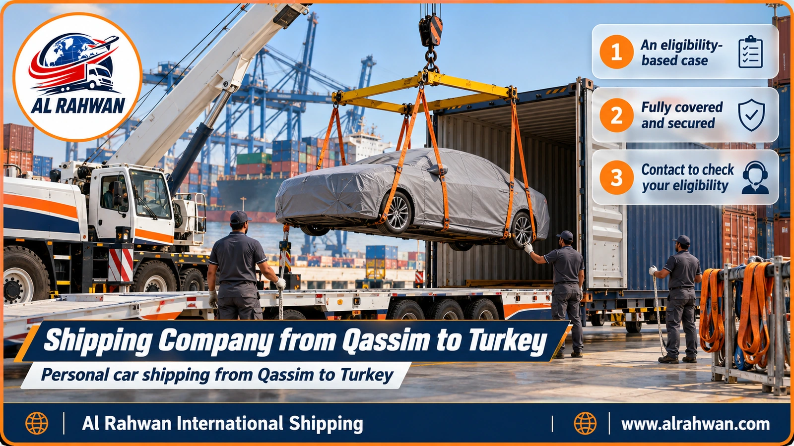 Shipping Company from Qassim to Turkey - a car wrapped in a protective cover being loaded into a sea freight container at Jeddah port