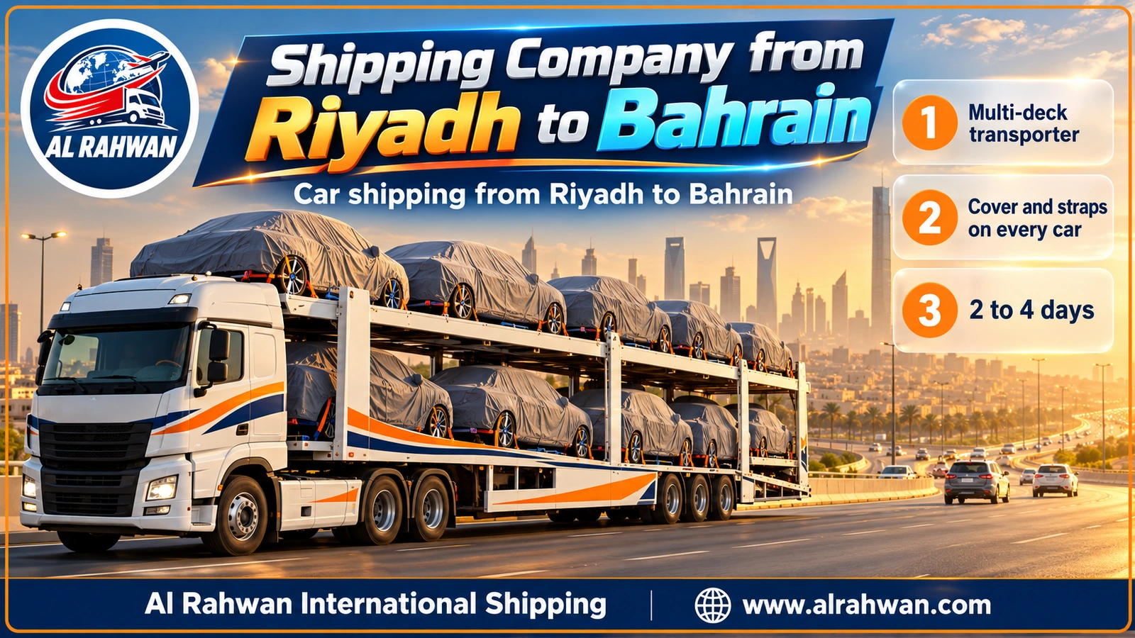 Shipping Company from Riyadh to Bahrain - covered cars strapped onto a multi-deck car carrier in Riyadh before setting off for Bahrain