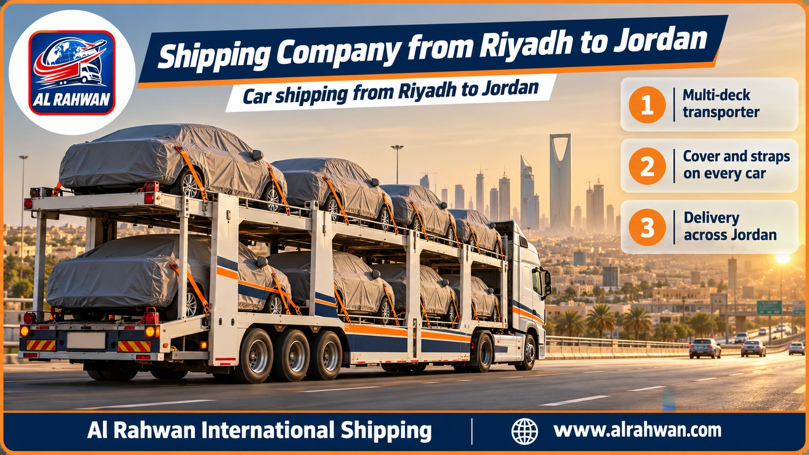 Shipping Company from Riyadh to Jordan - a multi-level car carrier loaded with covered cars leaving Riyadh bound for Jordan