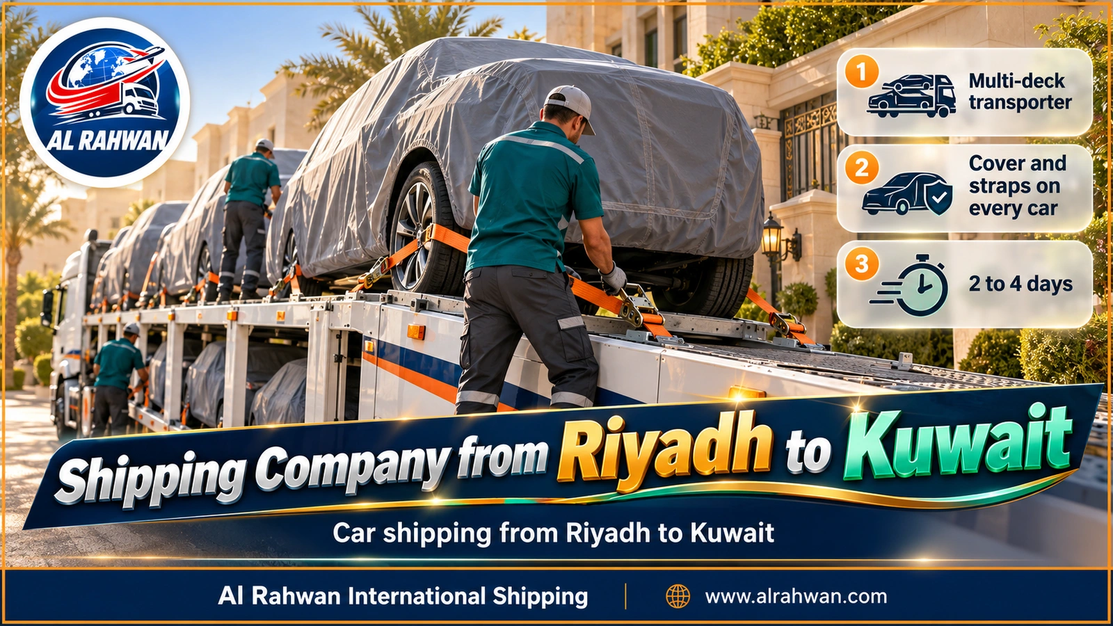 Shipping company from Riyadh to Kuwait - a handler checks the wheel strap of a covered car on the upper deck of a car carrier
