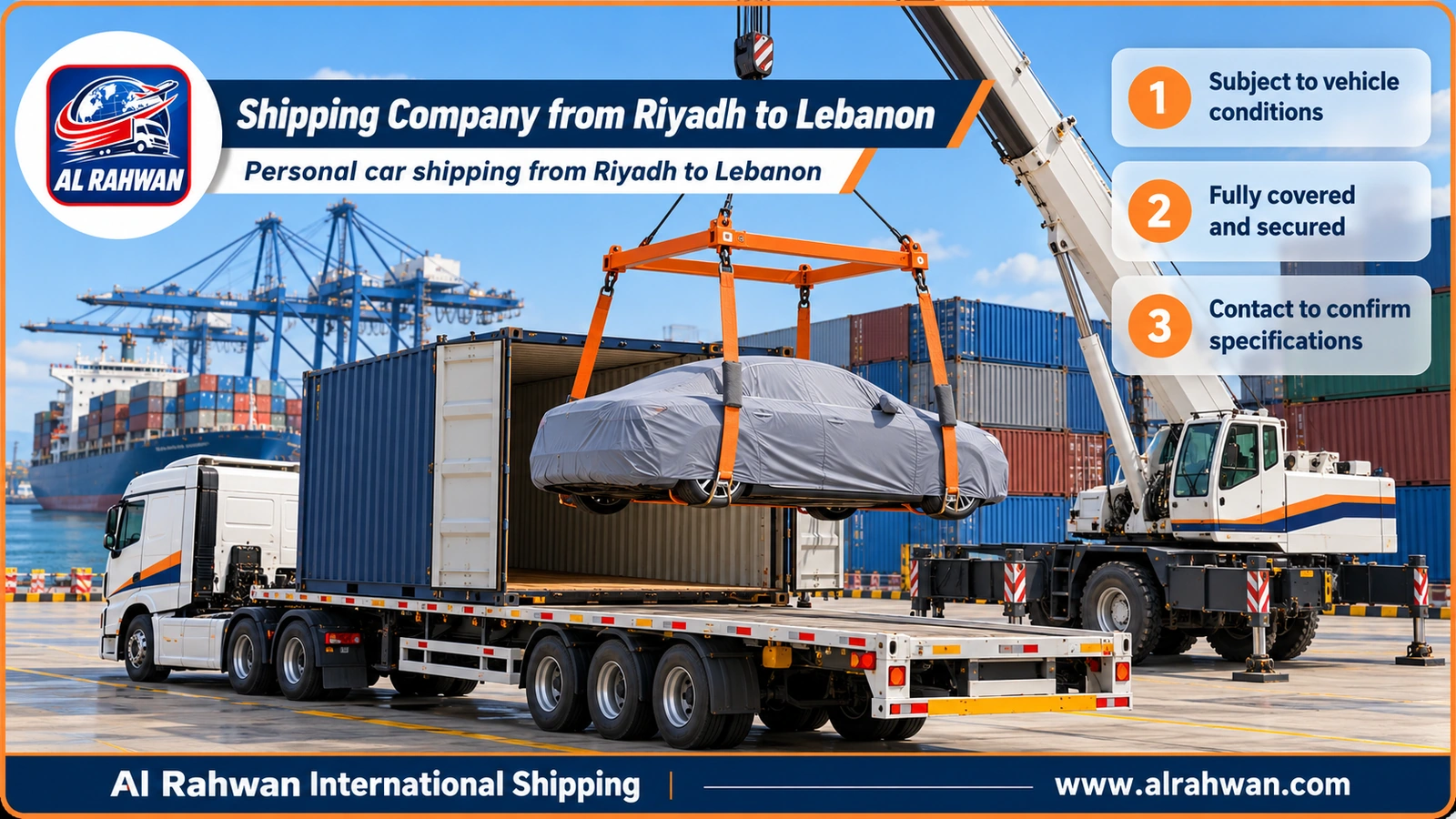 Shipping Company from Riyadh to Lebanon - a car wrapped in a protective cover being loaded into a sea freight container at Jeddah port