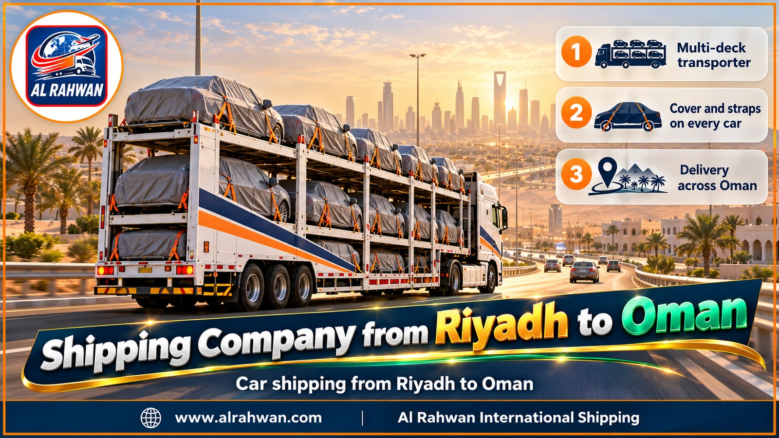 Shipping Company from Riyadh to Oman - covered cars held by ratchet straps on a multi-deck car carrier in a Riyadh loading yard before departing for Oman