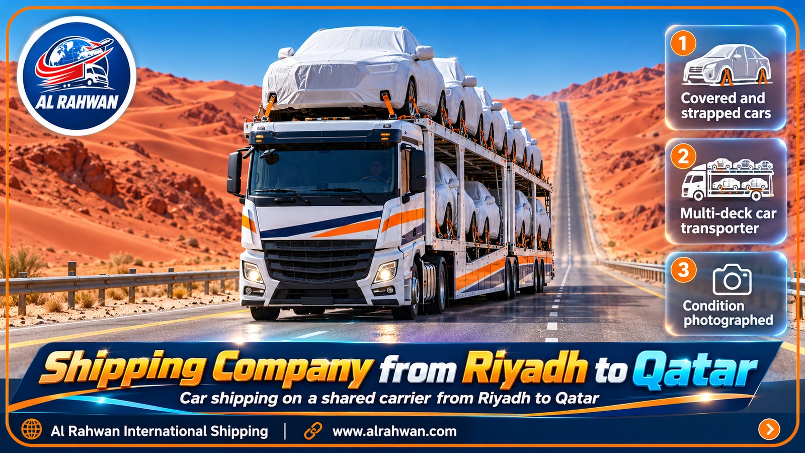 Multi-deck car transporter of a shipping company from Riyadh to Qatar carrying covered, strapped cars