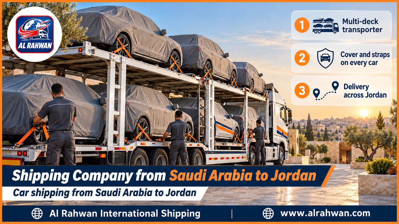 Shipping Company from Saudi Arabia to Jordan - a multi-level car carrier loaded with covered, strapped cars on a desert road toward Jordan