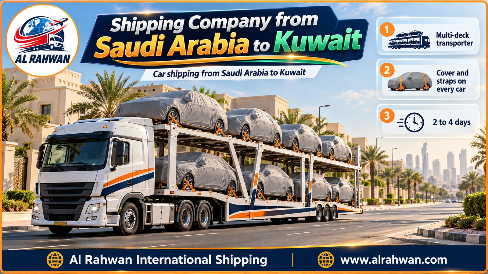 Covered cars strapped on the carrier of a shipping company from Saudi Arabia to Kuwait