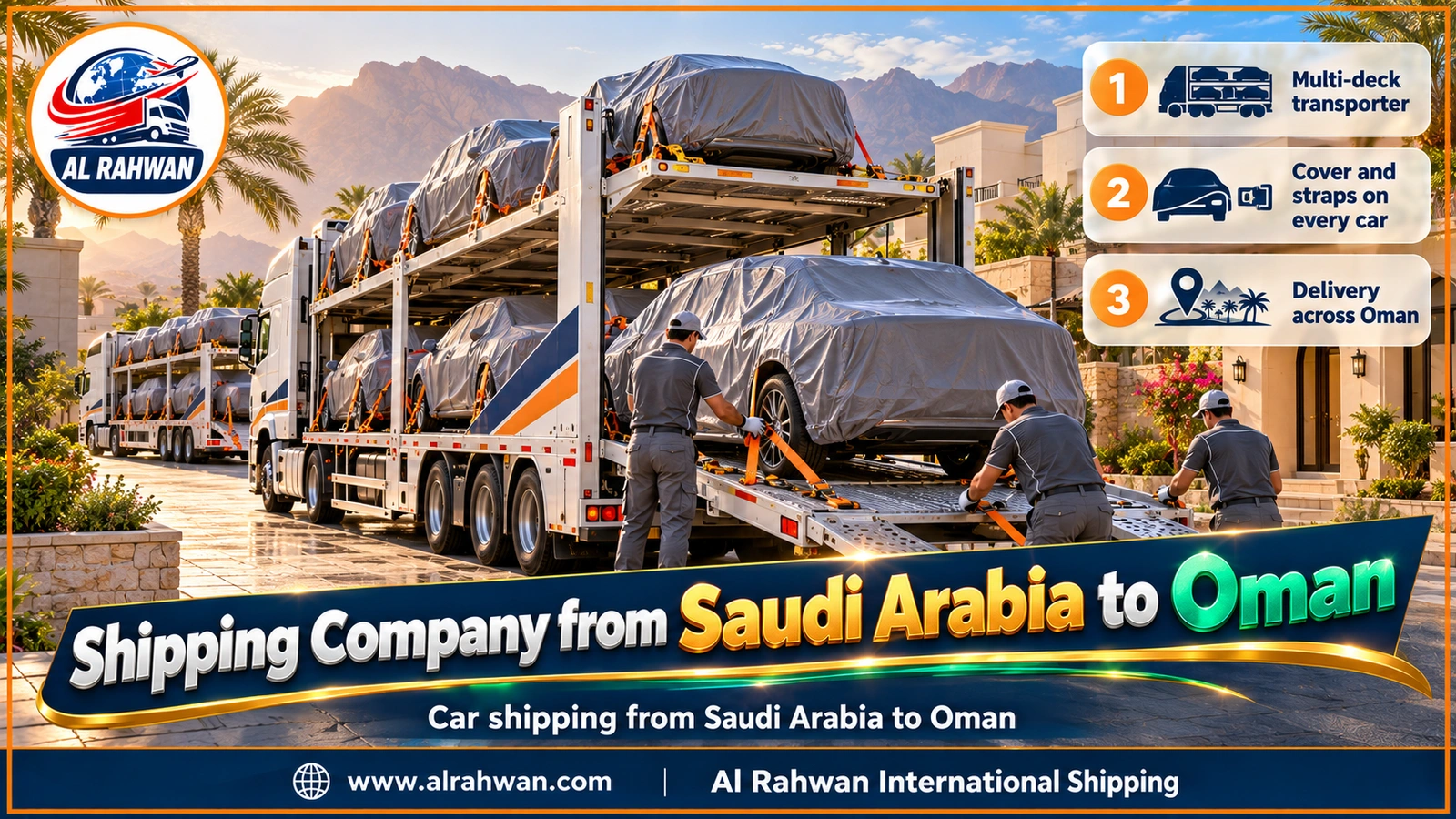 Shipping Company from Saudi Arabia to Oman - a long multi-deck car carrier loaded with covered, strapped cars on a desert highway heading for Oman