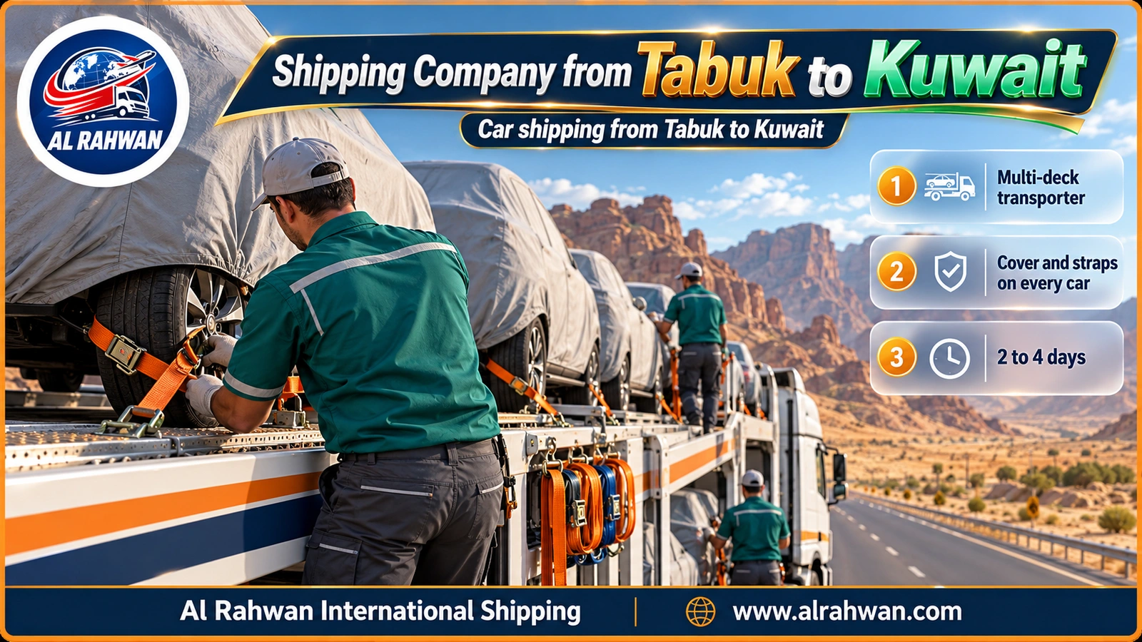 Long car carrier of a shipping company from Tabuk to Kuwait loaded with covered, strapped cars