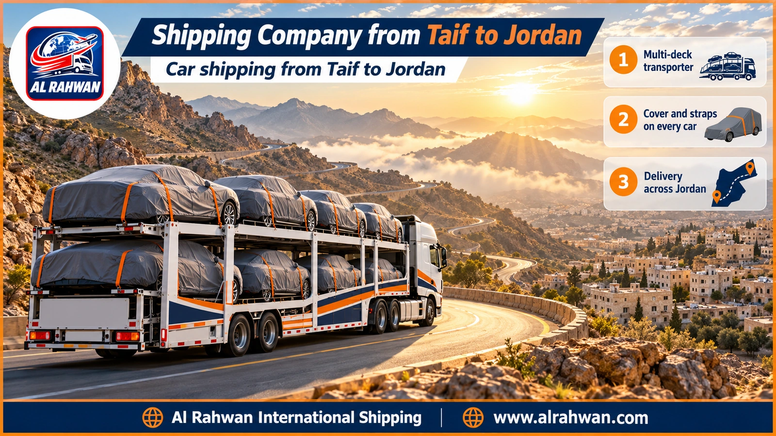 Shipping Company from Taif to Jordan - covered cars strapped down on both levels of a long car carrier before leaving Taif for Jordan