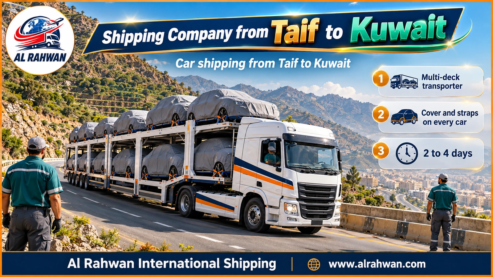 Long transporter of a shipping company from Taif to Kuwait loaded with covered, strapped SUVs