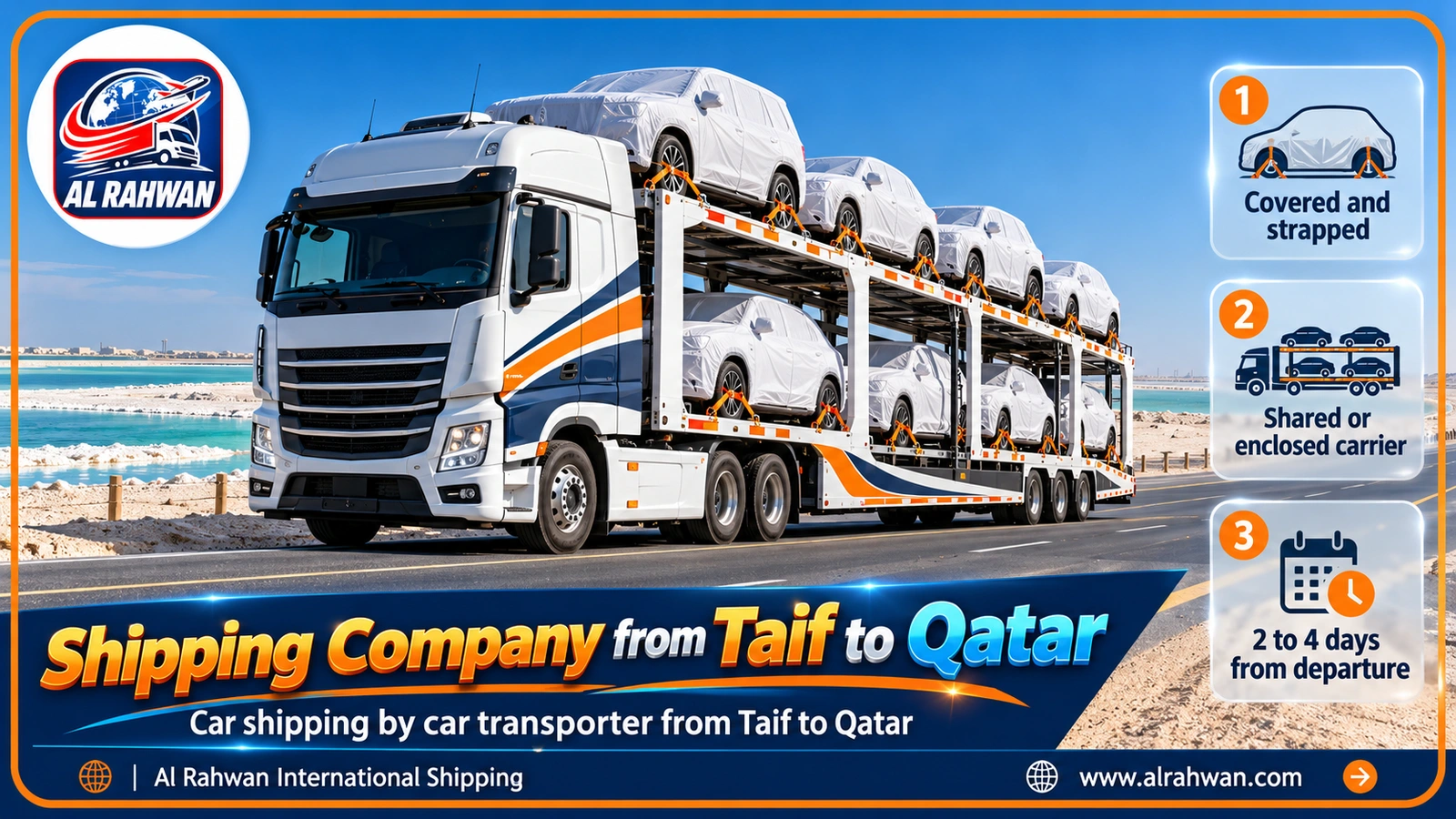 shipping company from Taif to Qatar - a multi-deck car transporter carrying covered, strapped cars
