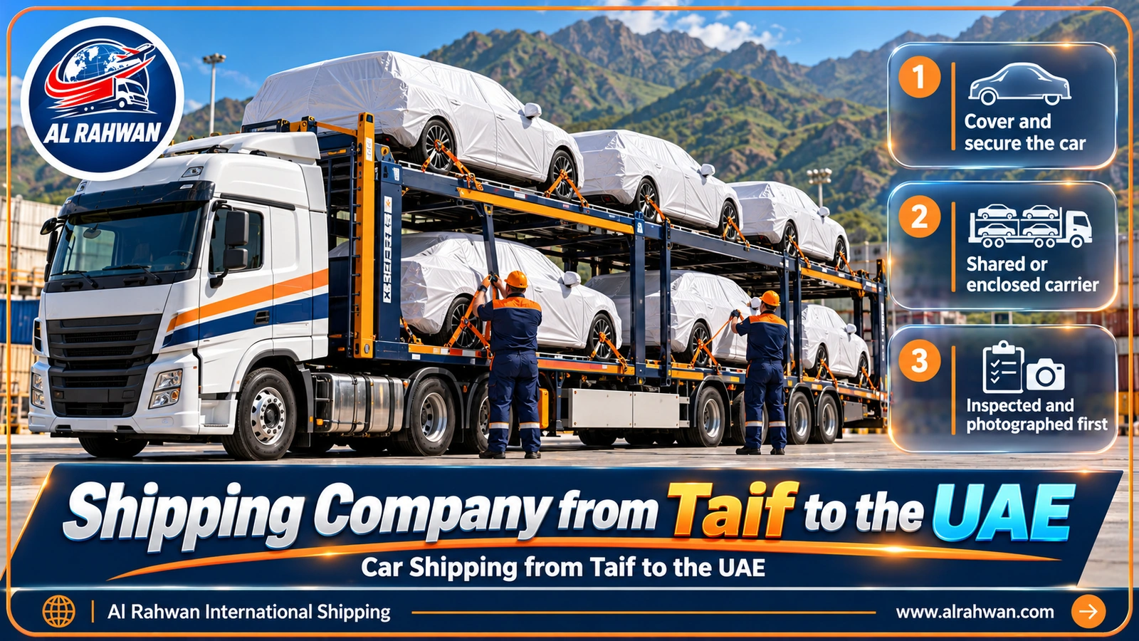 A car under a protective cover being loaded onto a professional car transporter in Taif