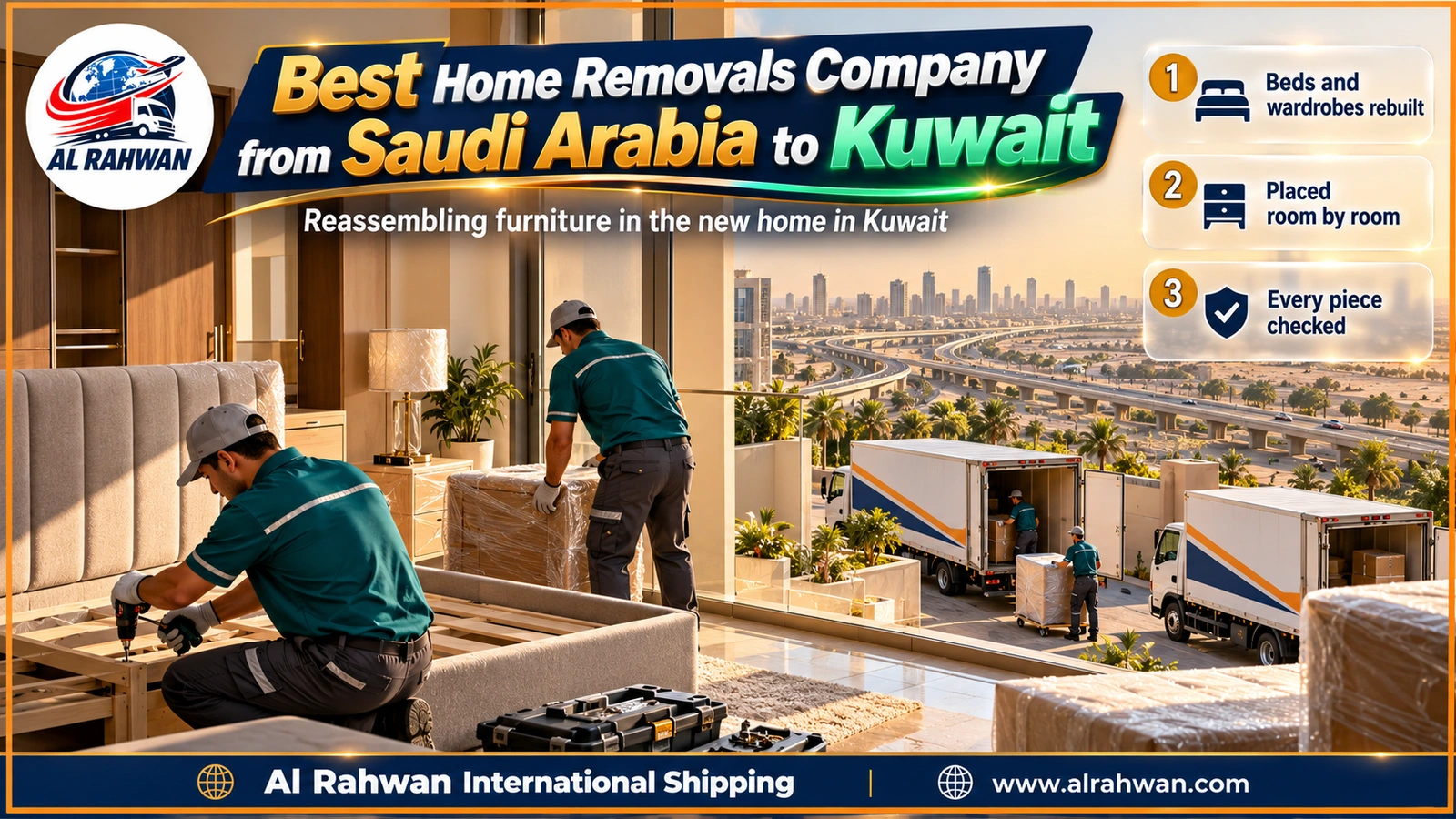 Carpenter in a navy shirt reassembling a bed frame in a new flat in Hawalli while a colleague places a wrapped bedside table