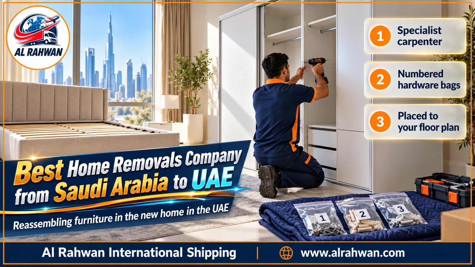 A carpenter reassembling a bedroom in the new home in the UAE after the household move from Saudi Arabia