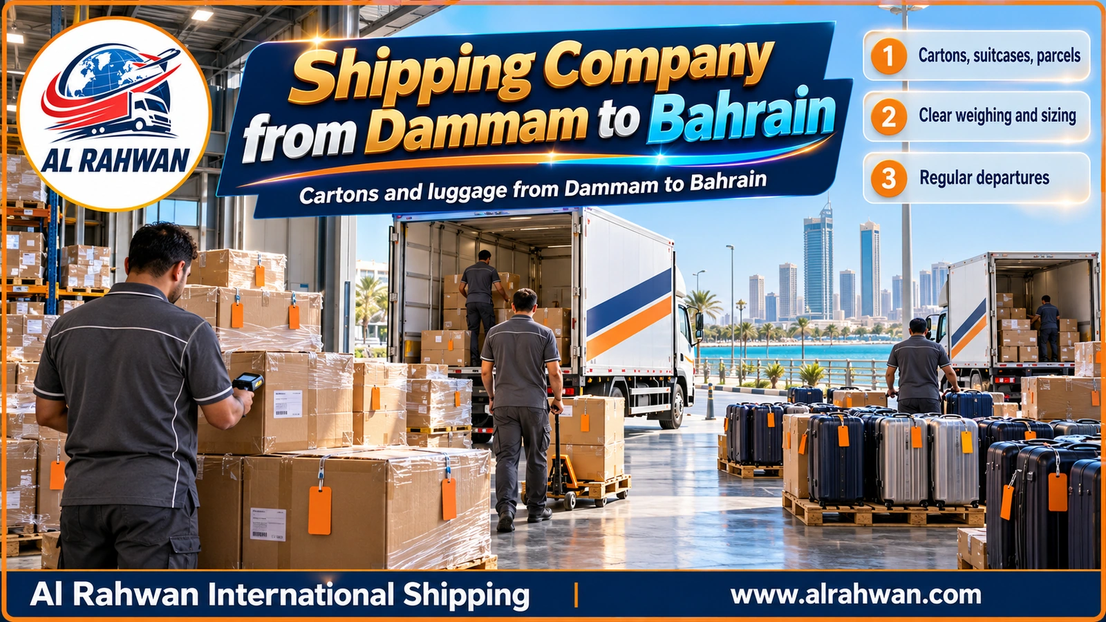 Shipping company from Dammam to Bahrain - taped cartons and hard-shell suitcases with orange tags arranged on low pallets in a warehouse near the Dammam waterfront