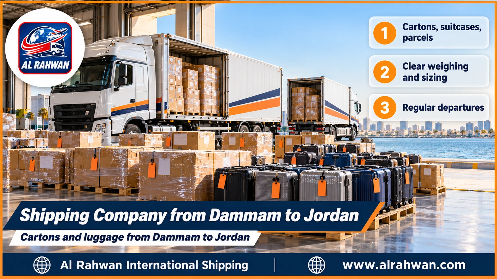 Shipping Company from Dammam to Jordan - numbered cartons and wrapped travel suitcases in a Dammam warehouse before shipment to Jordan