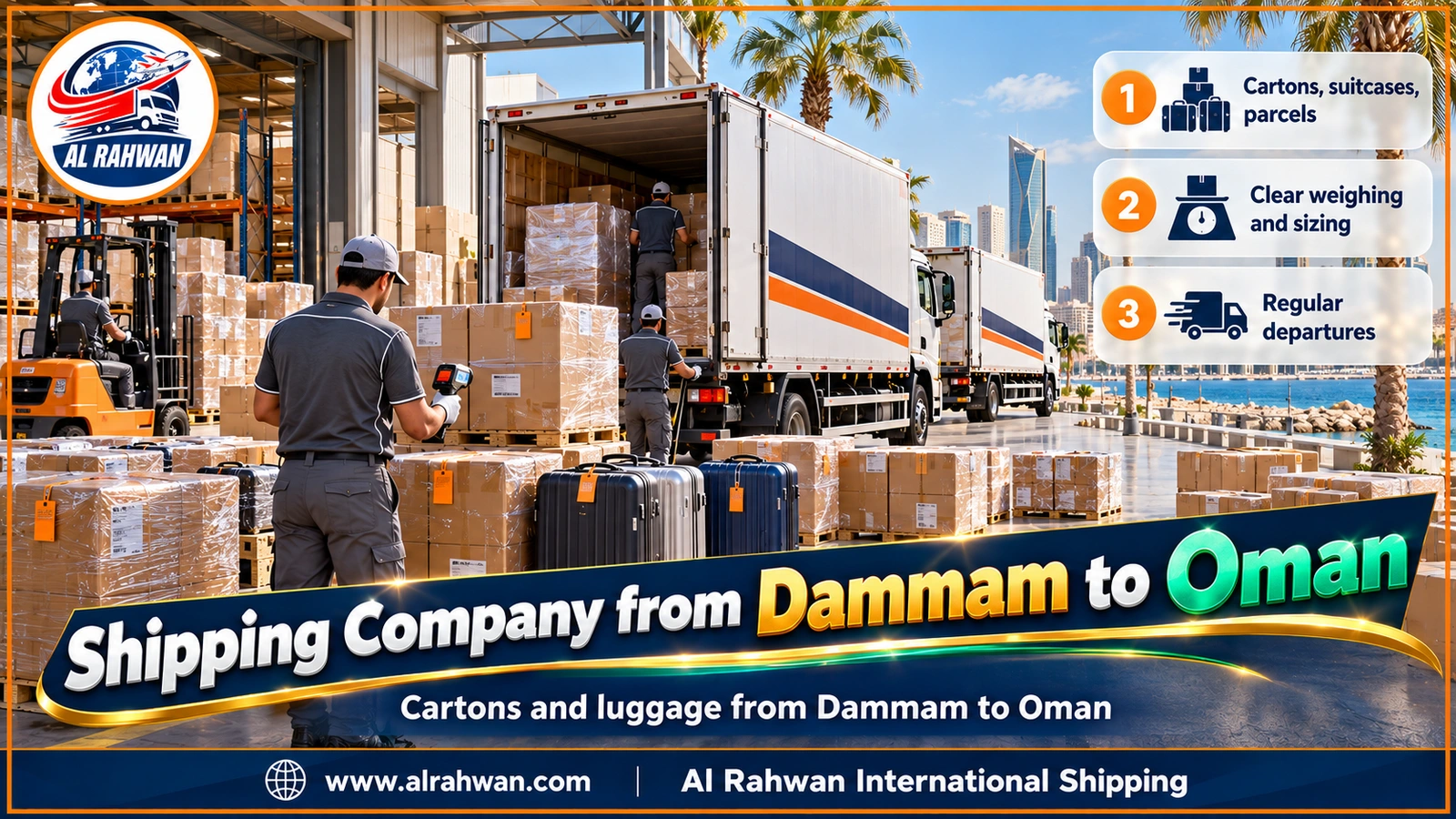 Shipping Company from Dammam to Oman - numbered cartons, travel suitcases and wrapped gift boxes in a Dammam warehouse before shipment to Oman