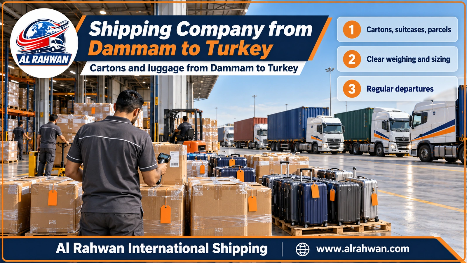 Shipping Company from Dammam to Turkey - numbered cartons and luggage stacked inside a Dammam warehouse before the inland transfer to Jeddah port