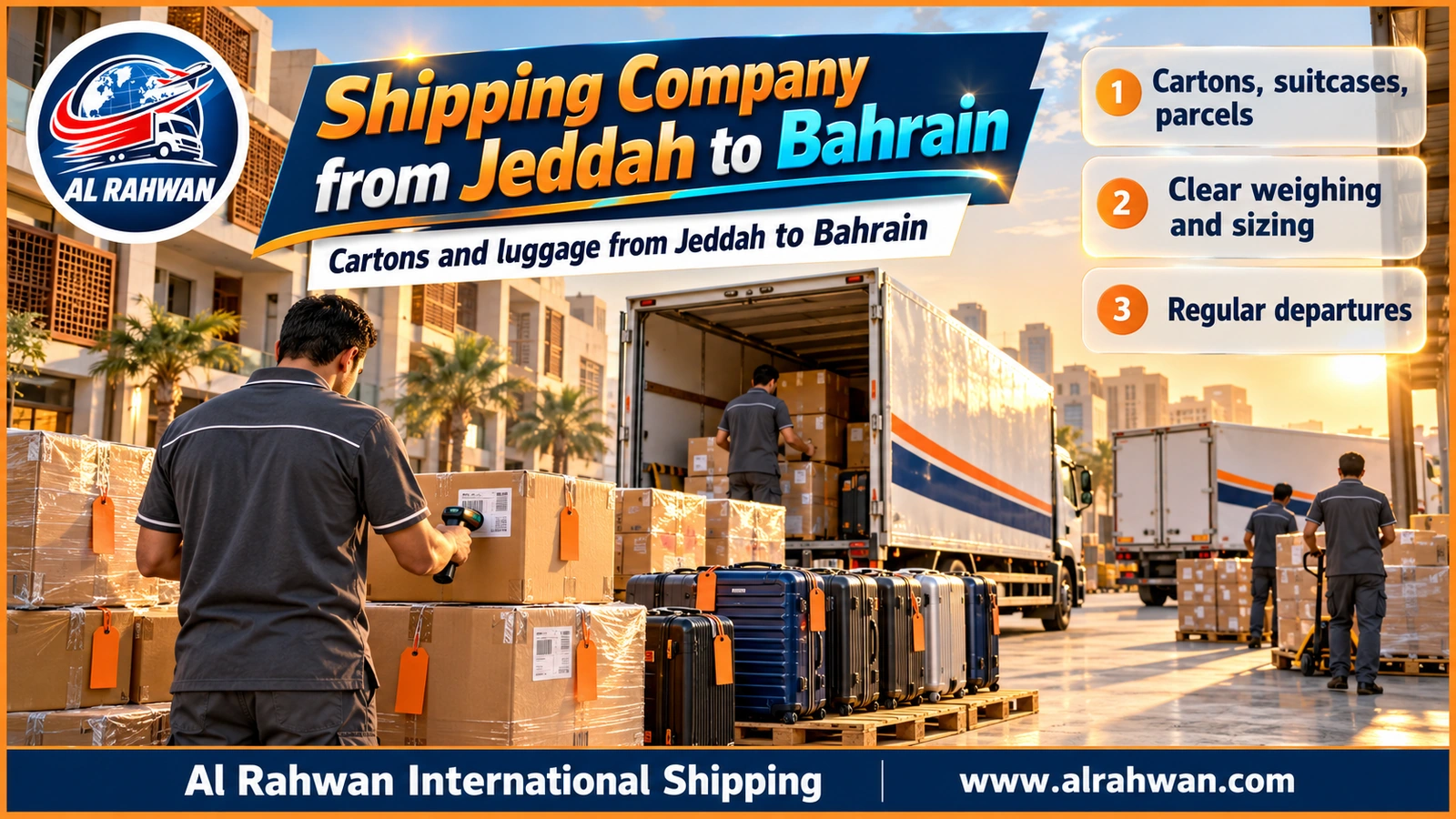 Shipping Company from Jeddah to Bahrain - numbered cartons and travel suitcases stacked on a pallet in a Jeddah consolidation warehouse