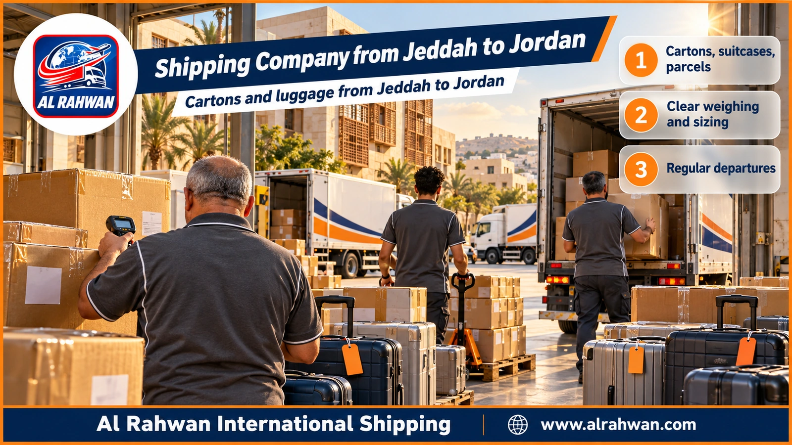 Shipping Company from Jeddah to Jordan - numbered cartons and bags arranged in a Jeddah warehouse before shipping to Jordan
