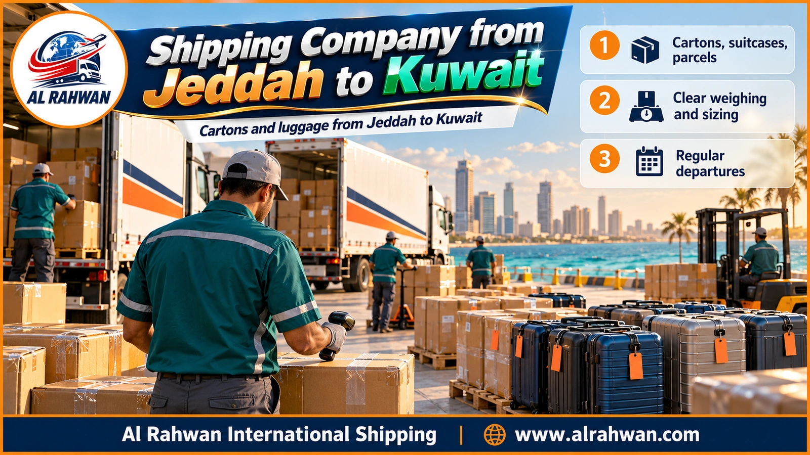 Numbered cartons and suitcases at a shipping company from Jeddah to Kuwait ready for weighing and loading