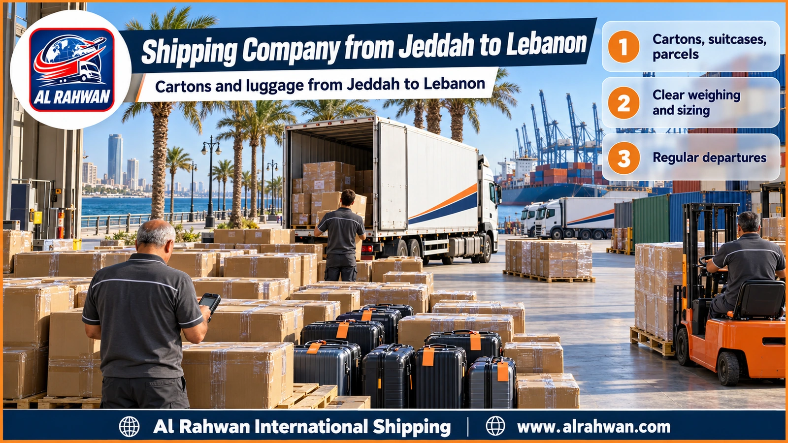 Shipping Company from Jeddah to Lebanon - numbered cartons and luggage stacked inside a warehouse before the transfer to Jeddah port