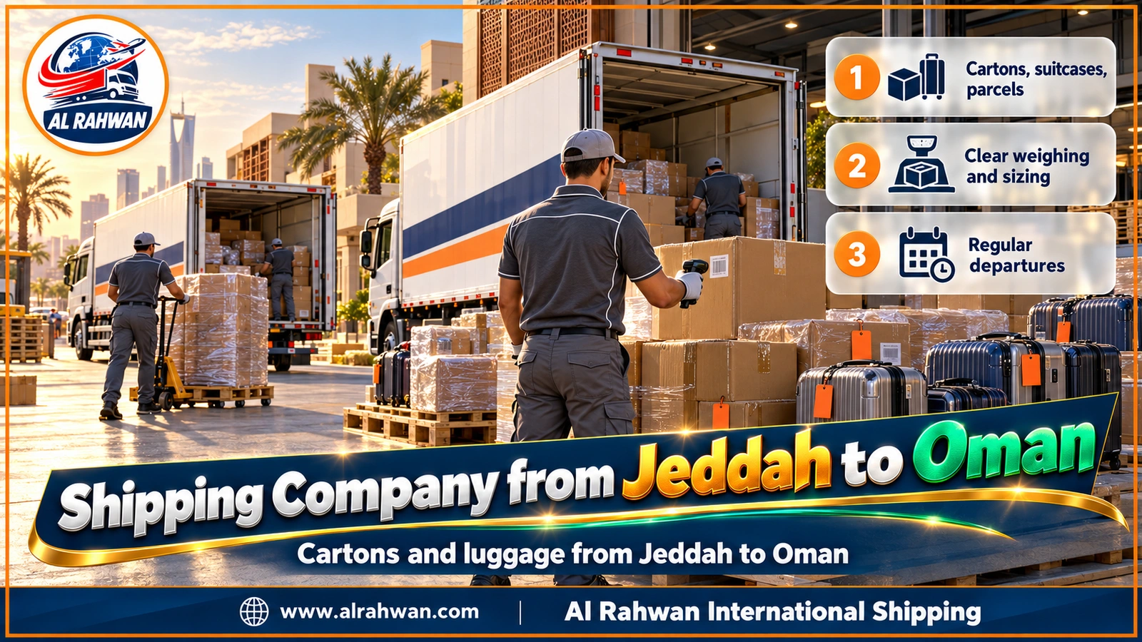 Shipping Company from Jeddah to Oman - Numbered cartons and travel suitcases stacked on a warehouse floor in Jeddah ready for Oman