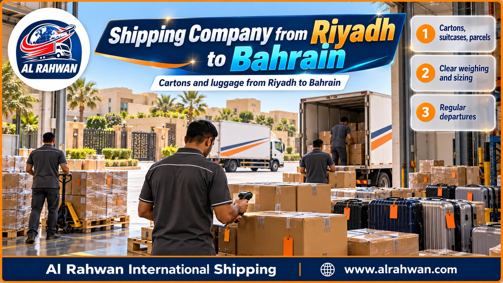 Shipping Company from Riyadh to Bahrain - numbered cartons and travel suitcases stacked on a shipping pallet in a Riyadh warehouse