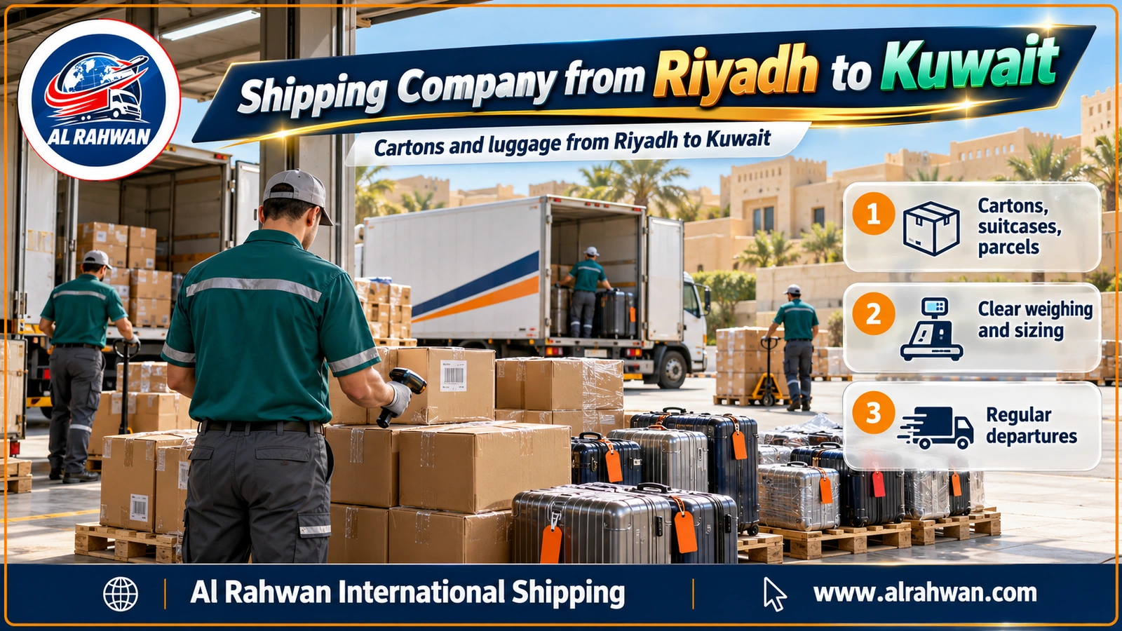 Shipping company from Riyadh to Kuwait - sealed cartons and hard-shell suitcases with orange tags on pallets in a Riyadh warehouse