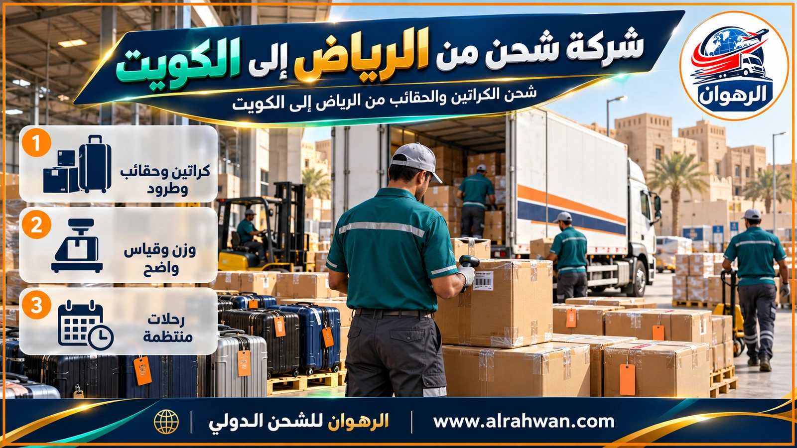 شركة شحن من الرياض إلى الكويت - كراتين محكمة وحقائب صلبة بملصقات برتقالية على منصات في مستودع بالرياض